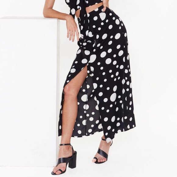 Black & White Polka Dot Button-Up High Waisted Maxi Skirt, Size: XS - Picture 1 of 1